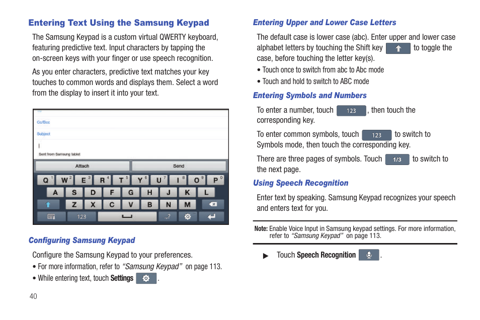 Entering text using the samsung keypad | Samsung GT-P1010CWAXAR User Manual | Page 44 / 147