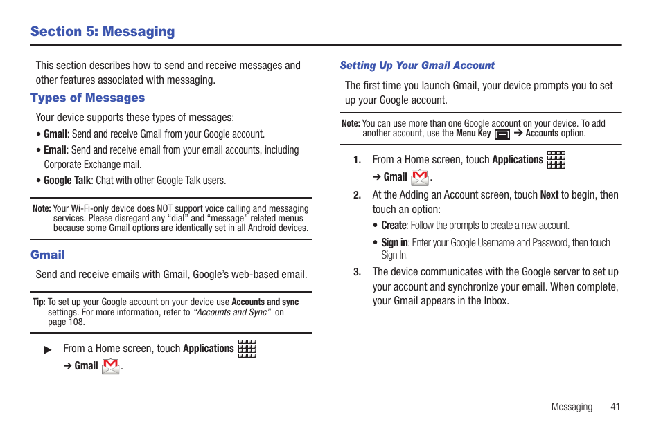 Section 5: messaging, Types of messages, Gmail | Types of messages gmail | Samsung GT-P1010CWAXAR User Manual | Page 45 / 147