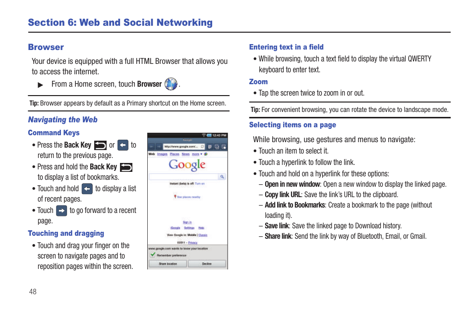 Section 6: web and social networking, Browser | Samsung GT-P1010CWAXAR User Manual | Page 52 / 147