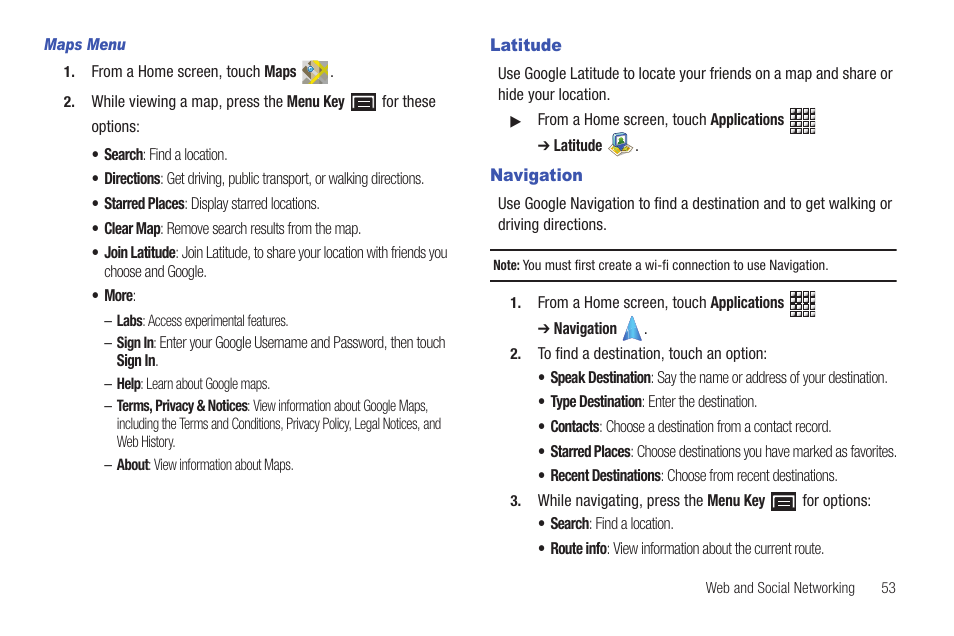 Latitude, Navigation | Samsung GT-P1010CWAXAR User Manual | Page 57 / 147