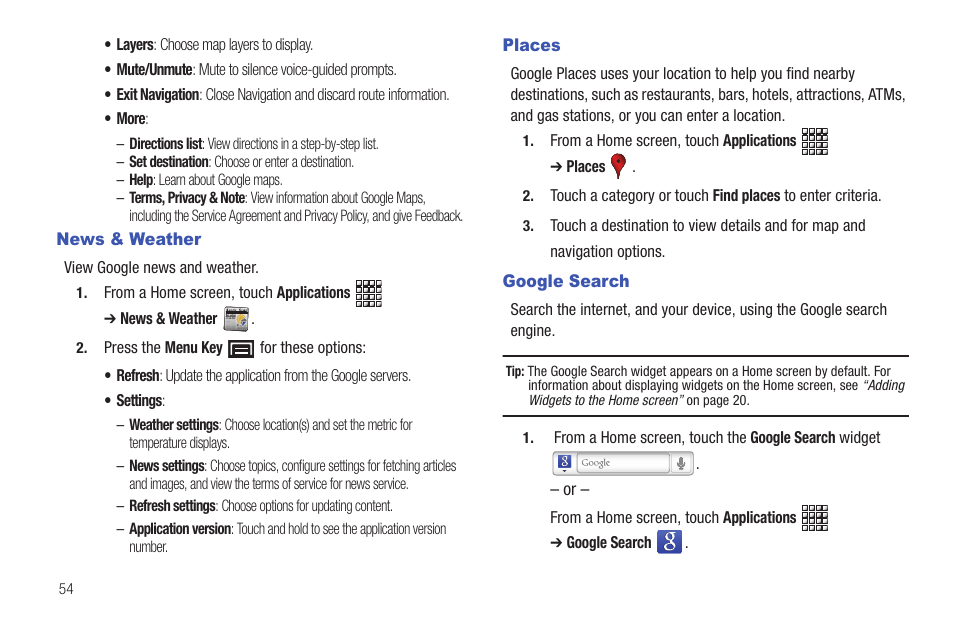 News & weather, Places, Google search | News & weather places google search | Samsung GT-P1010CWAXAR User Manual | Page 58 / 147