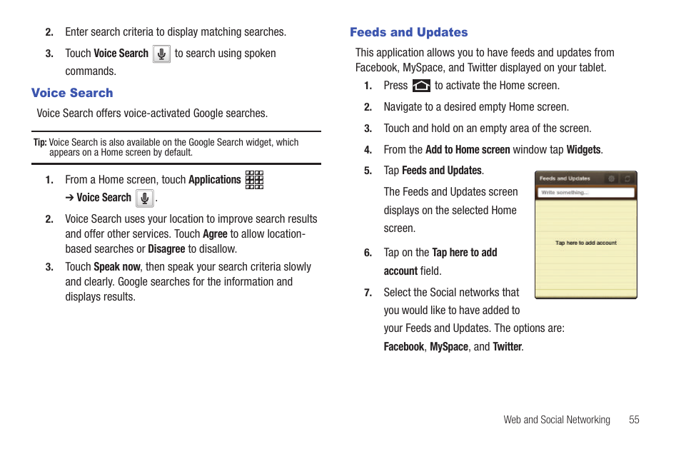 Voice search, Feeds and updates, Voice search feeds and updates | Samsung GT-P1010CWAXAR User Manual | Page 59 / 147