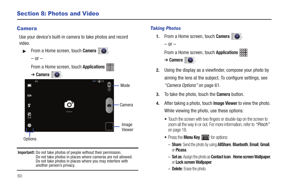 Section 8: photos and video, Camera | Samsung GT-P1010CWAXAR User Manual | Page 64 / 147