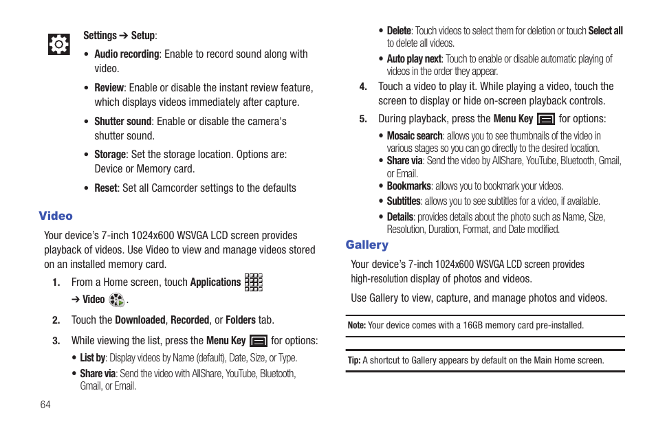 Video, Gallery, Video gallery | Samsung GT-P1010CWAXAR User Manual | Page 68 / 147