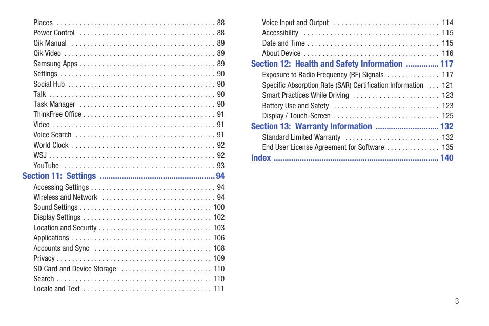 Section 11: settings 94, Section 12: health and safety information 117, Section 13: warranty information 132 | Samsung GT-P1010CWAXAR User Manual | Page 7 / 147