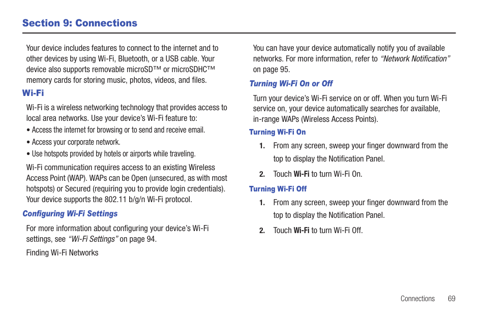 Section 9: connections, Wi-fi, I. for more information, refer to | Samsung GT-P1010CWAXAR User Manual | Page 73 / 147