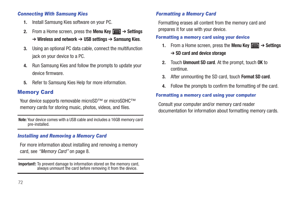 Memory card | Samsung GT-P1010CWAXAR User Manual | Page 76 / 147
