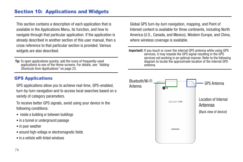 Section 10: applications and widgets, Gps applications | Samsung GT-P1010CWAXAR User Manual | Page 78 / 147