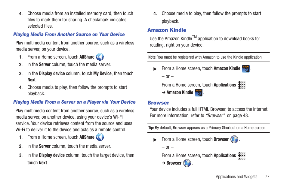 Amazon kindle, Browser | Samsung GT-P1010CWAXAR User Manual | Page 81 / 147