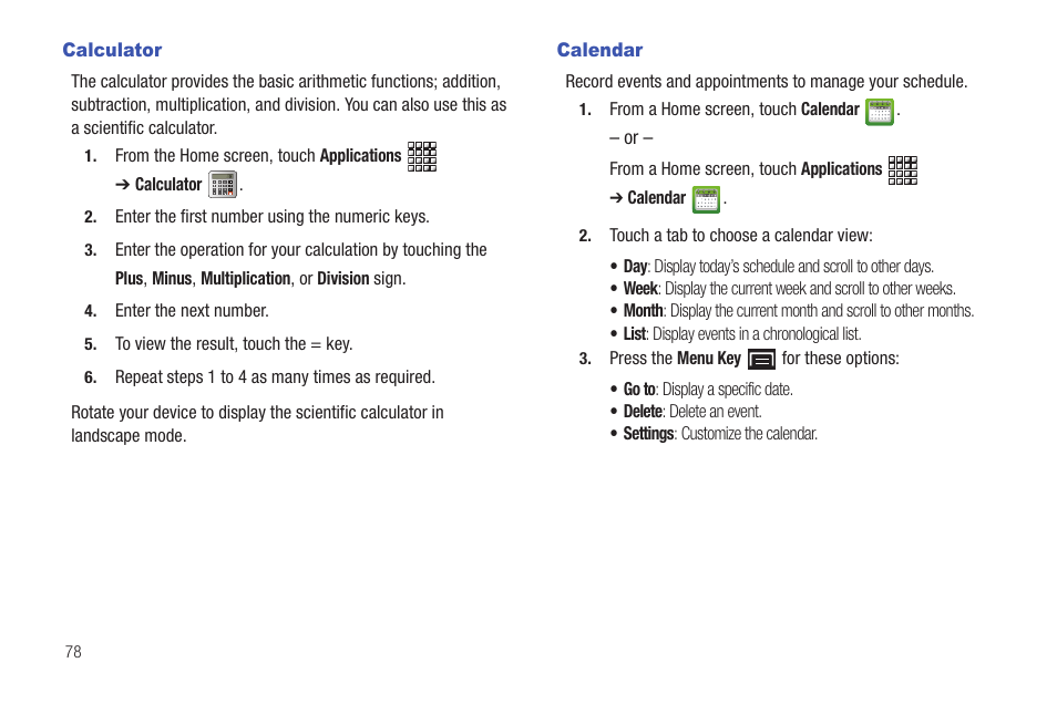 Calculator, Calendar, Calculator calendar | Samsung GT-P1010CWAXAR User Manual | Page 82 / 147