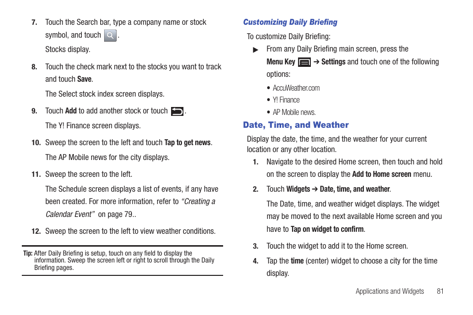 Date, time, and weather | Samsung GT-P1010CWAXAR User Manual | Page 85 / 147