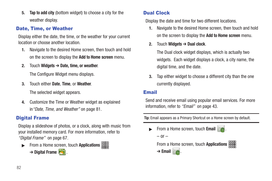 Date, time, or weather, Digital frame, Dual clock | Email | Samsung GT-P1010CWAXAR User Manual | Page 86 / 147