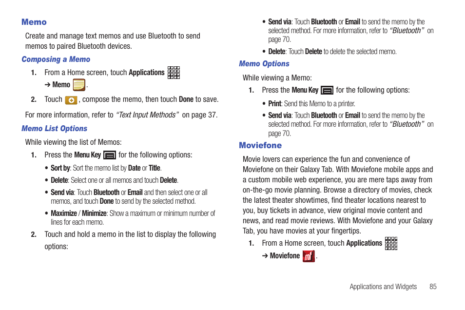 Memo, Moviefone, Memo moviefone | Samsung GT-P1010CWAXAR User Manual | Page 89 / 147