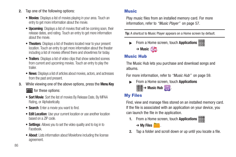 Music, Music hub, My files | Music music hub my files | Samsung GT-P1010CWAXAR User Manual | Page 90 / 147