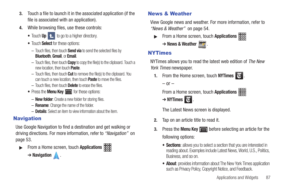 Navigation, News & weather, Nytimes | Navigation news & weather nytimes | Samsung GT-P1010CWAXAR User Manual | Page 91 / 147