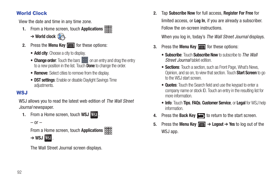 World clock, World clock wsj | Samsung GT-P1010CWAXAR User Manual | Page 96 / 147