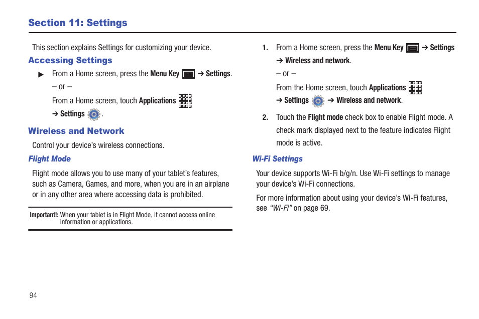 Section 11: settings, Accessing settings, Wireless and network | Accessing settings wireless and network | Samsung GT-P1010CWAXAR User Manual | Page 98 / 147