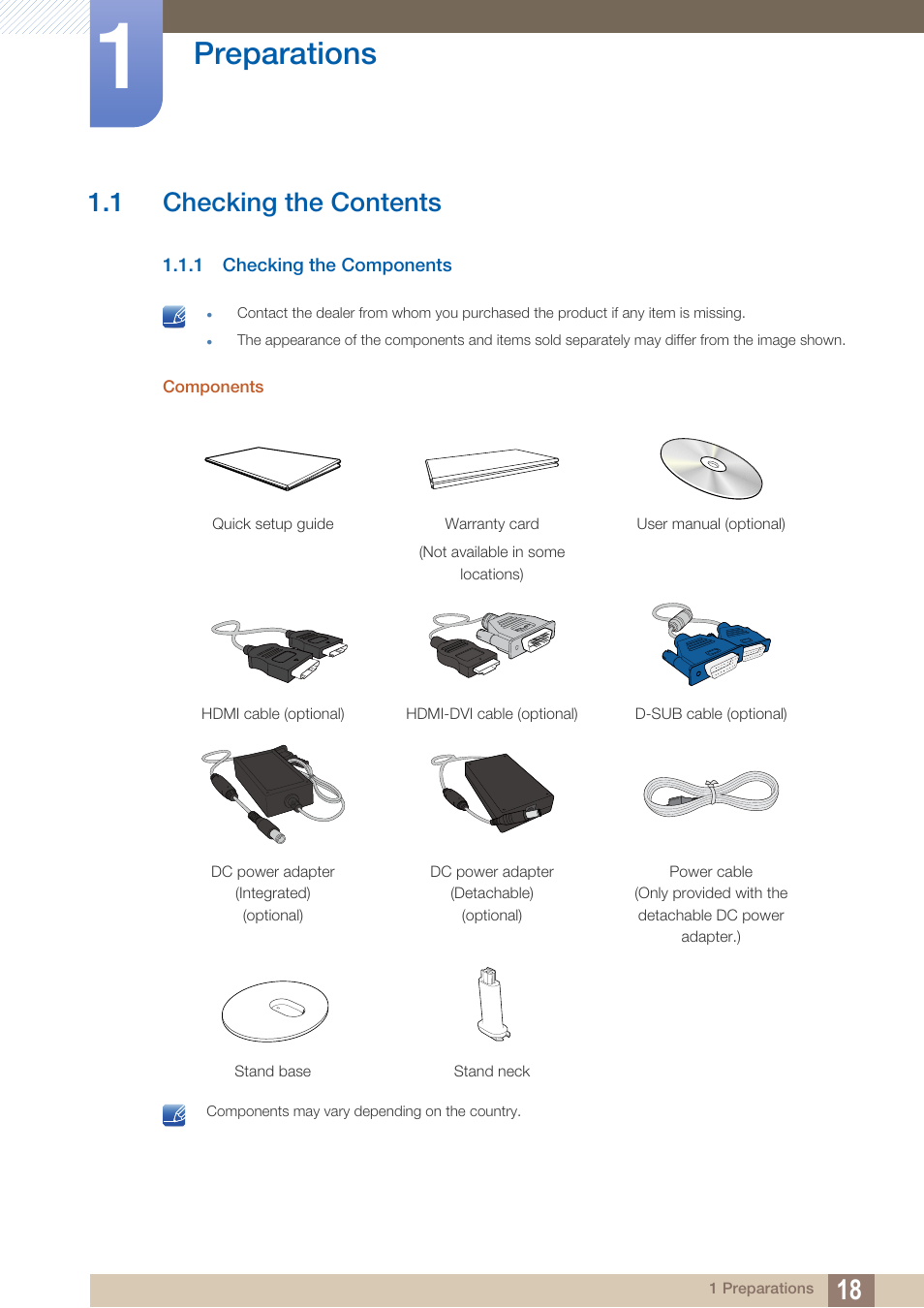 Preparations, 1 checking the contents, 1 checking the components | Checking the contents, Checking the components | Samsung LS24D360HL-ZA User Manual | Page 18 / 89