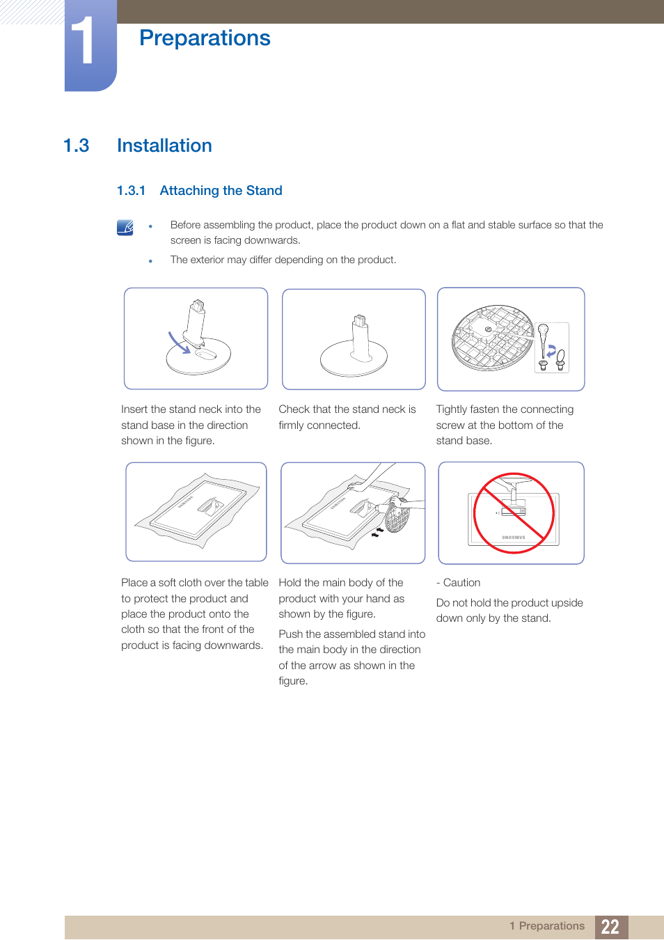 3 installation, 1 attaching the stand, Installation | Attaching the stand, Preparations | Samsung LS24D360HL-ZA User Manual | Page 22 / 89