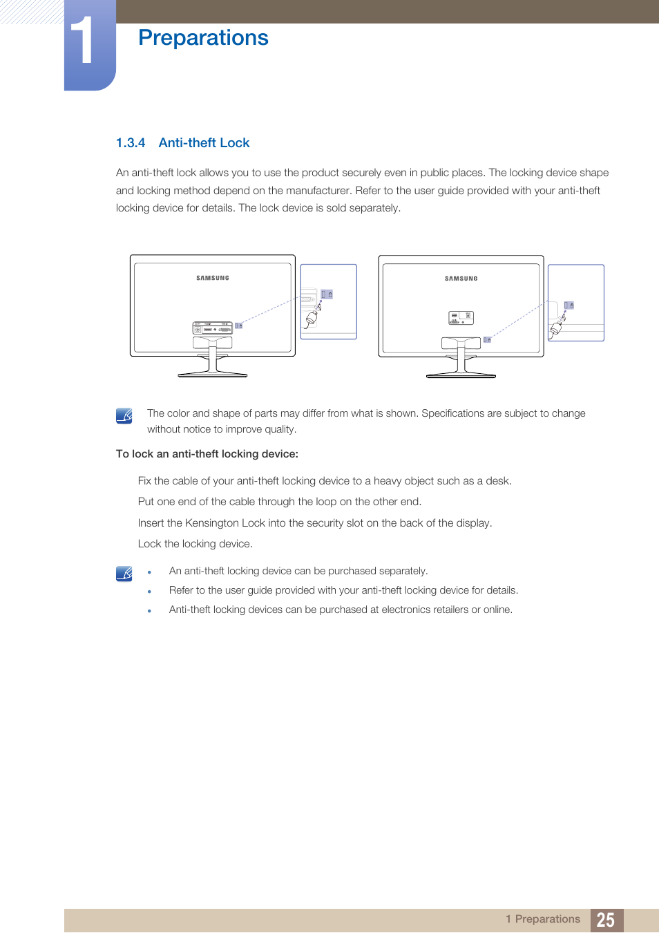 4 anti-theft lock, Anti-theft lock, Preparations | Samsung LS24D360HL-ZA User Manual | Page 25 / 89