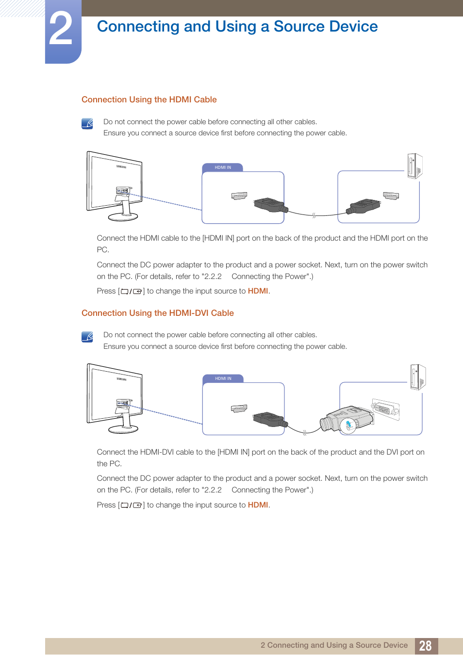 Connecting and using a source device | Samsung LS24D360HL-ZA User Manual | Page 28 / 89