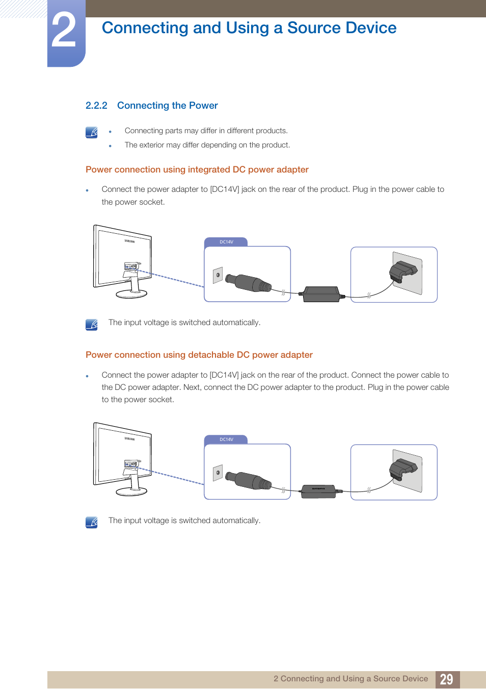 2 connecting the power, Connecting the power, Connecting and using a source device | Samsung LS24D360HL-ZA User Manual | Page 29 / 89