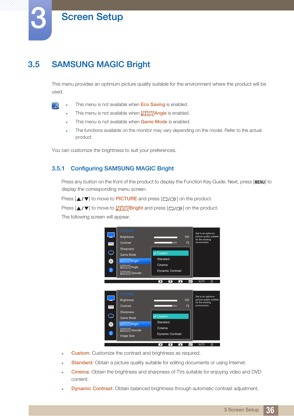 5 samsung magic bright, 1 configuring samsung magic bright, Samsung magic bright | Configuring samsung magic bright, Screen setup | Samsung LS24D360HL-ZA User Manual | Page 36 / 89