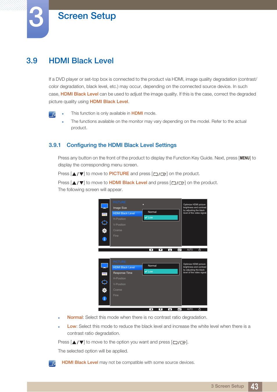 9 hdmi black level, 1 configuring the hdmi black level settings, Hdmi black level | Configuring the hdmi black level settings, Screen setup | Samsung LS24D360HL-ZA User Manual | Page 43 / 89