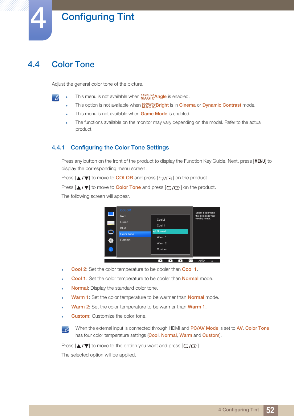 4 color tone, 1 configuring the color tone settings, Color tone | Configuring the color tone settings, Configuring tint | Samsung LS24D360HL-ZA User Manual | Page 52 / 89