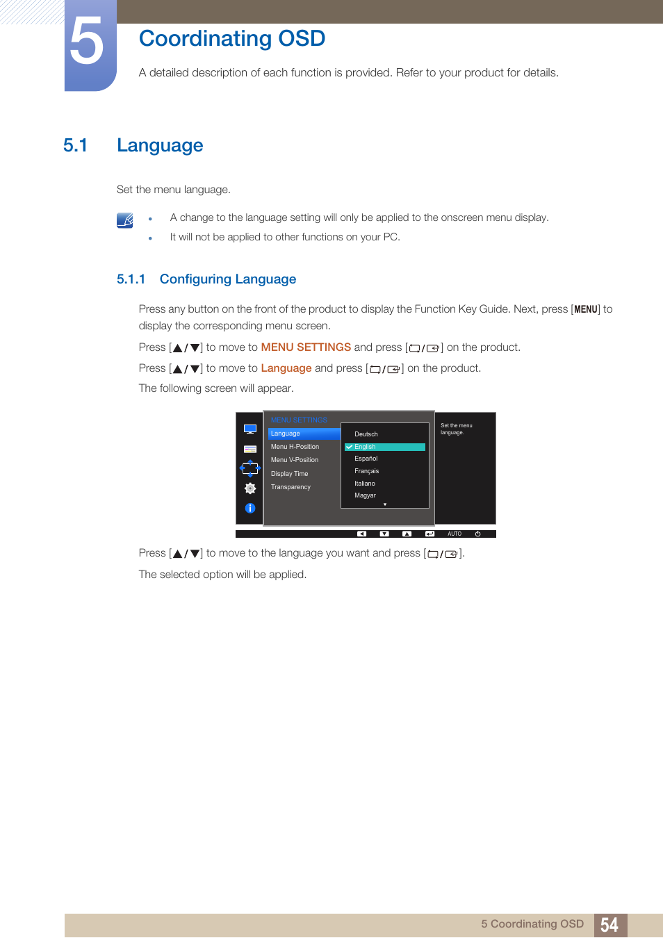 Coordinating osd, 1 language, 1 configuring language | Language, Configuring language | Samsung LS24D360HL-ZA User Manual | Page 54 / 89