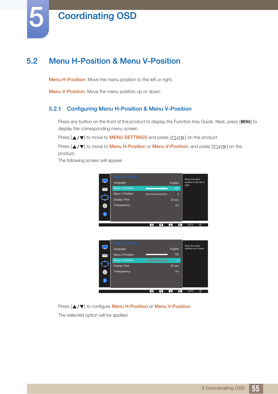 2 menu h-position & menu v-position, 1 configuring menu h-position & menu v-position, Menu h-position & menu v-position | Configuring menu h-position & menu v-position, Coordinating osd | Samsung LS24D360HL-ZA User Manual | Page 55 / 89