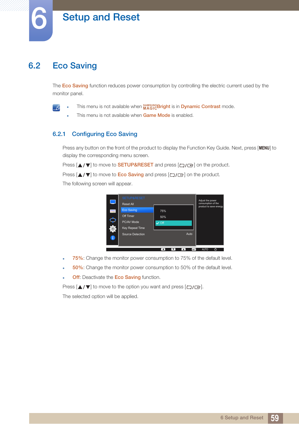 2 eco saving, 1 configuring eco saving, Eco saving | Configuring eco saving, Setup and reset | Samsung LS24D360HL-ZA User Manual | Page 59 / 89