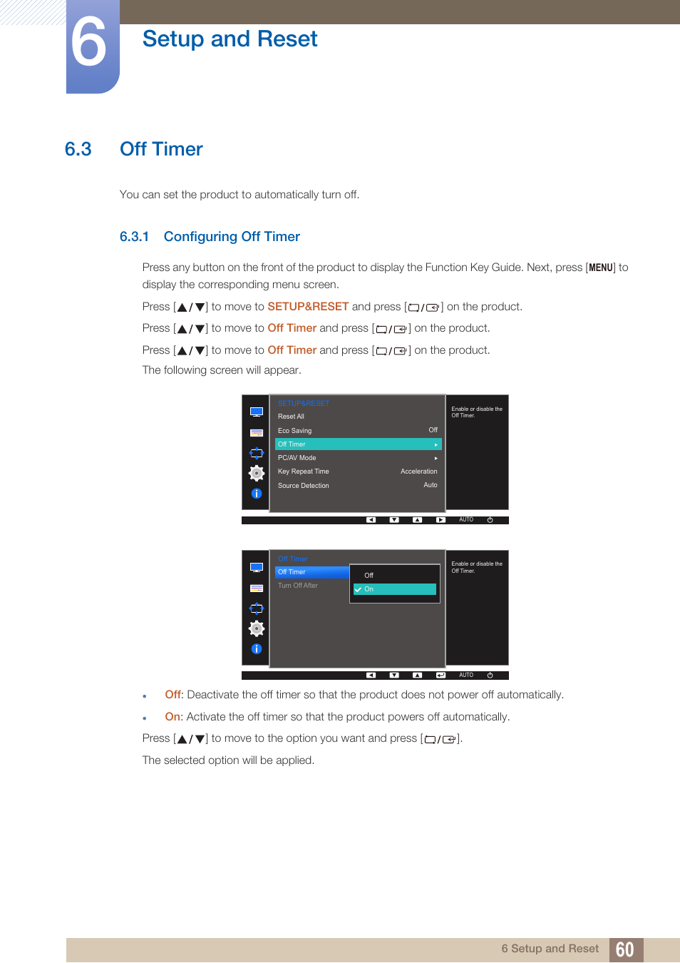 3 off timer, 1 configuring off timer, Off timer | Configuring off timer, Setup and reset | Samsung LS24D360HL-ZA User Manual | Page 60 / 89