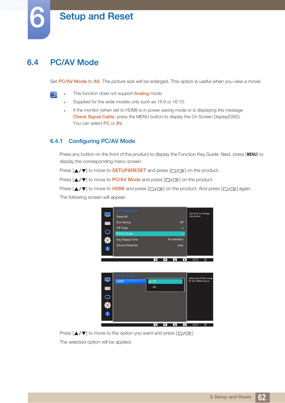 4 pc/av mode, 1 configuring pc/av mode, Pc/av mode | Configuring pc/av mode, Setup and reset | Samsung LS24D360HL-ZA User Manual | Page 62 / 89