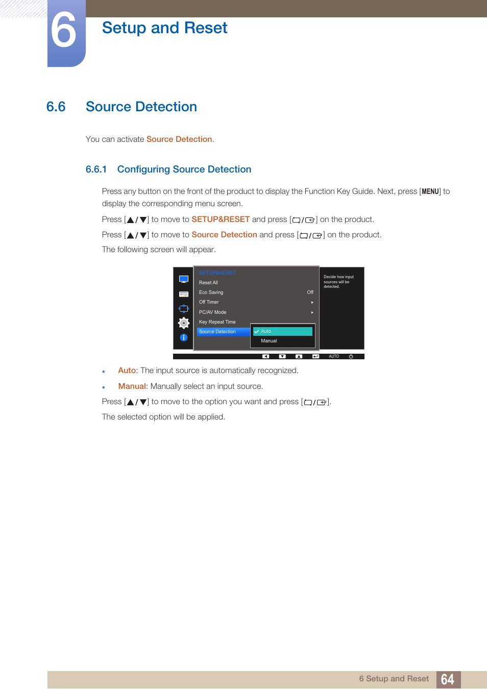 6 source detection, 1 configuring source detection, Source detection | Configuring source detection, Setup and reset | Samsung LS24D360HL-ZA User Manual | Page 64 / 89