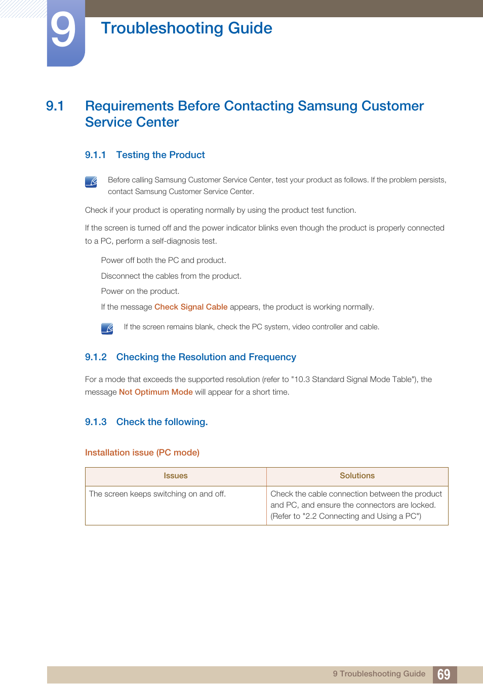 Troubleshooting guide, 1 testing the product, 2 checking the resolution and frequency | 3 check the following, Troubleshooting, Guide, Testing the product, Checking the resolution and frequency, Check the following | Samsung LS24D360HL-ZA User Manual | Page 69 / 89