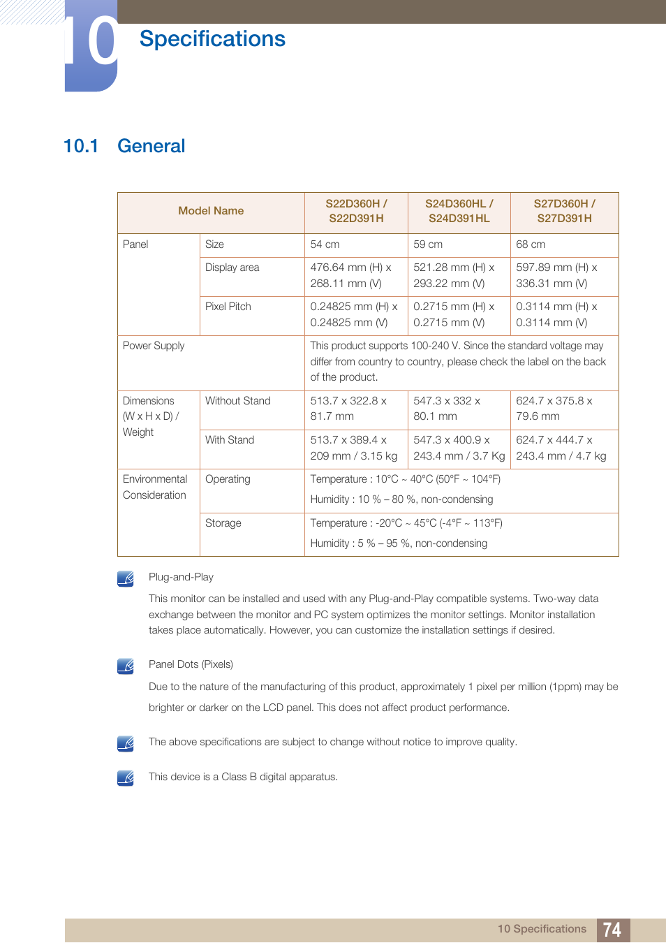 Specifications, 1 general, General | 1 general") | Samsung LS24D360HL-ZA User Manual | Page 74 / 89