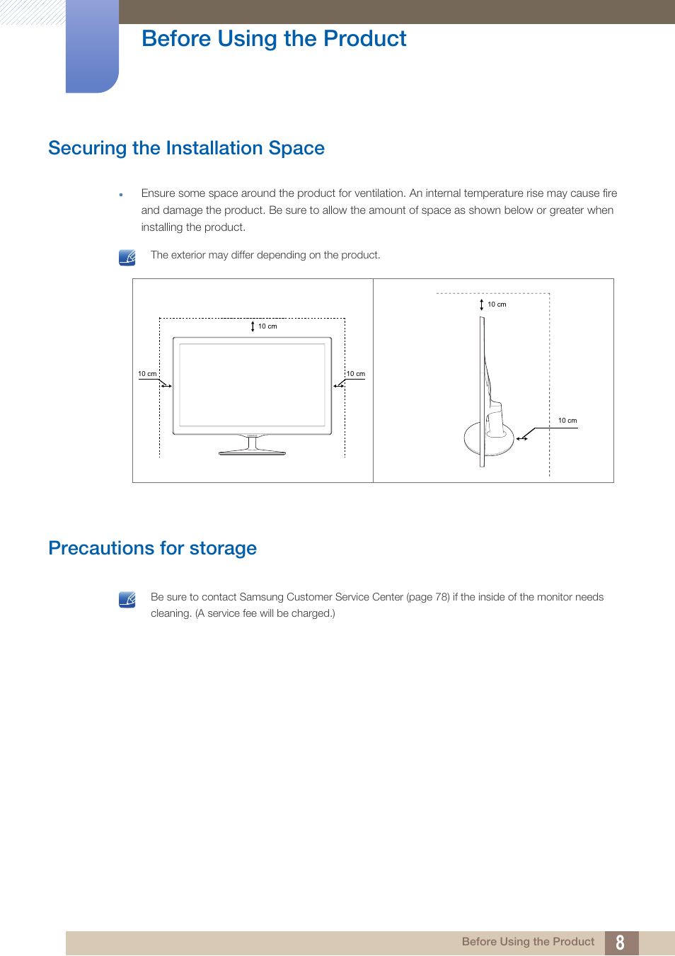 Securing the installation space, Precautions for storage, Before using the product | Samsung LS24D360HL-ZA User Manual | Page 8 / 89