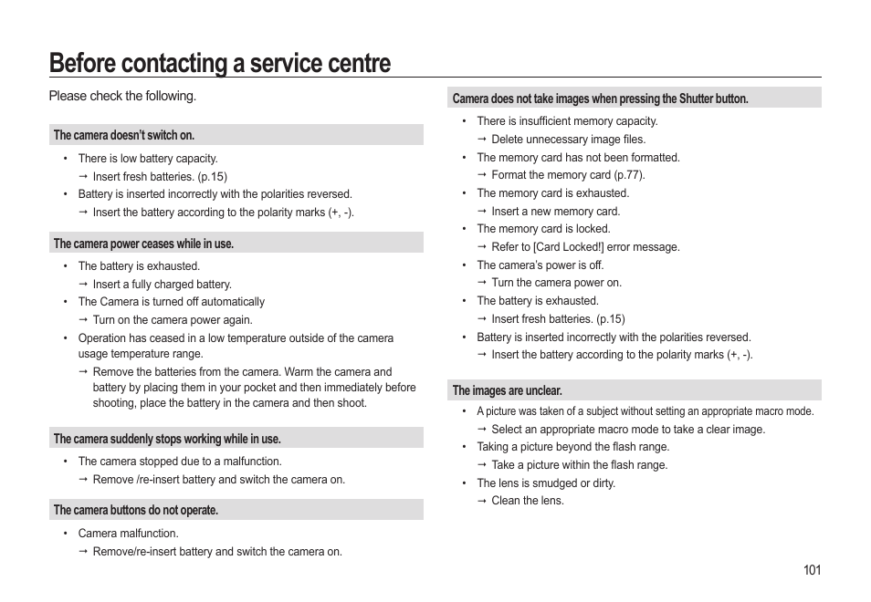 Before contacting a service centre | Samsung EC-SL310BBA-US User Manual | Page 102 / 108