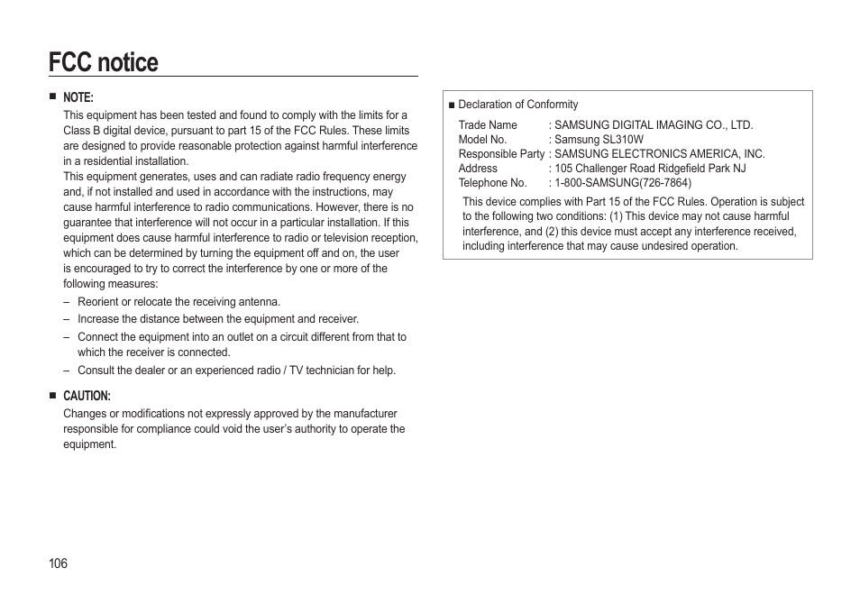 Fcc notice | Samsung EC-SL310BBA-US User Manual | Page 107 / 108