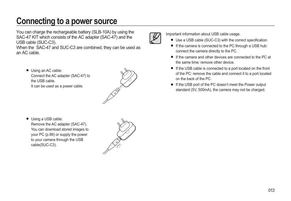 Connecting to a power source | Samsung EC-SL310BBA-US User Manual | Page 14 / 108