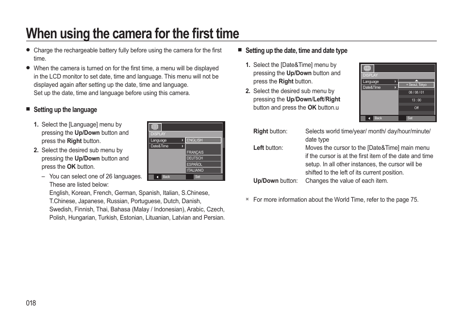 When using the camera for the fi rst time, Setting up the language, Setting up the date, time and date type | Samsung EC-SL310BBA-US User Manual | Page 19 / 108