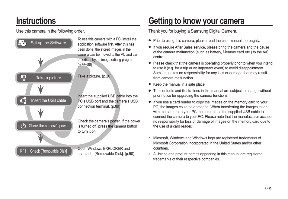 Instructions, Getting to know your camera | Samsung EC-SL310BBA-US User Manual | Page 2 / 108