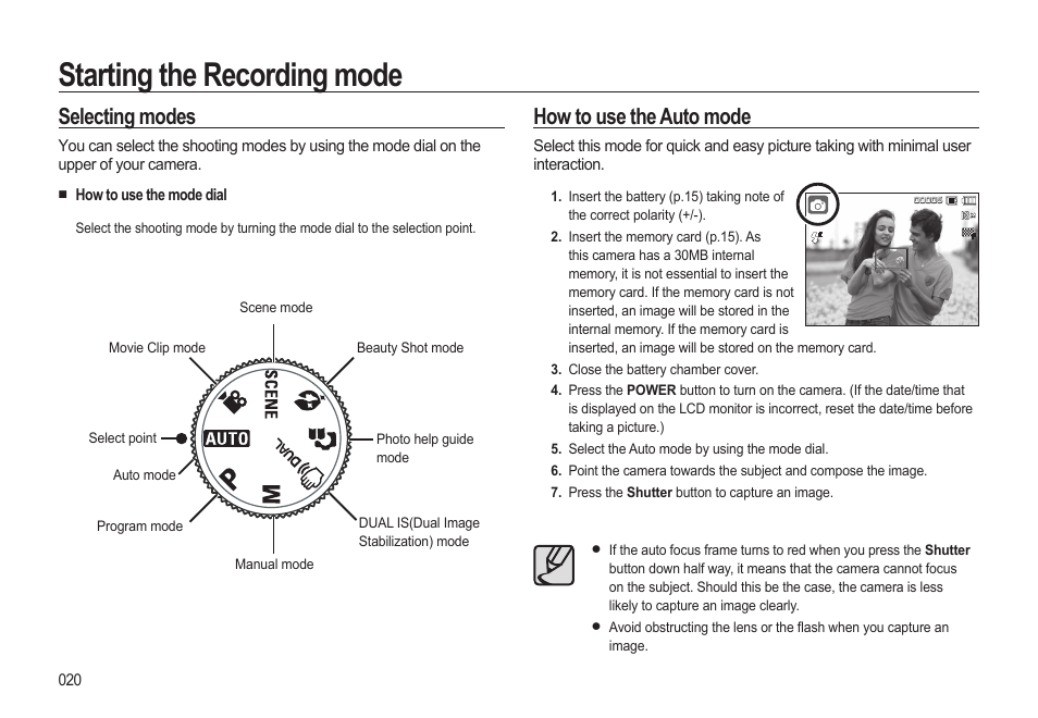 Starting the recording mode, How to use the auto mode, Selecting modes | Samsung EC-SL310BBA-US User Manual | Page 21 / 108