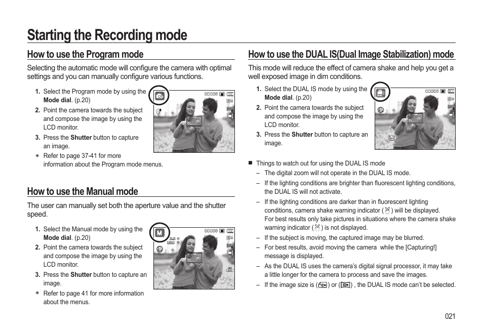 Starting the recording mode, How to use the program mode, How to use the manual mode | Samsung EC-SL310BBA-US User Manual | Page 22 / 108