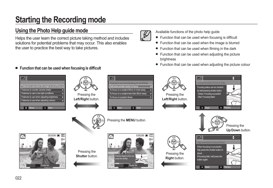 Starting the recording mode, Using the photo help guide mode | Samsung EC-SL310BBA-US User Manual | Page 23 / 108