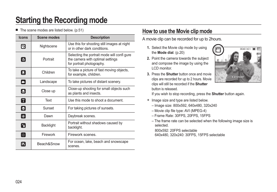 Starting the recording mode, How to use the movie clip mode | Samsung EC-SL310BBA-US User Manual | Page 25 / 108