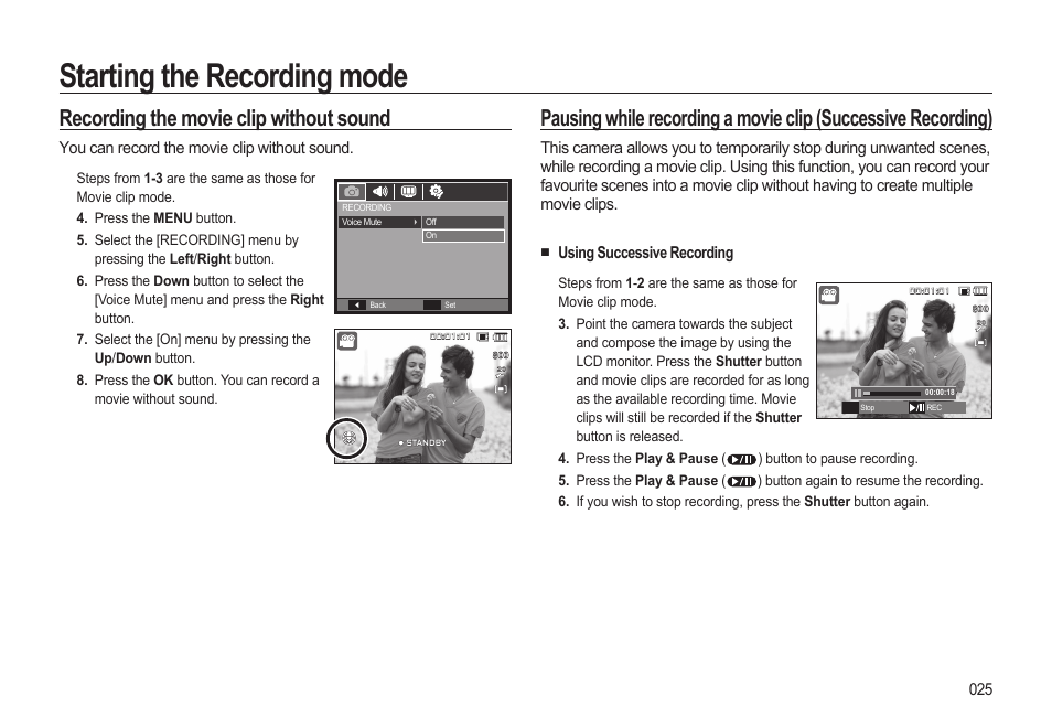 Starting the recording mode, Recording the movie clip without sound | Samsung EC-SL310BBA-US User Manual | Page 26 / 108