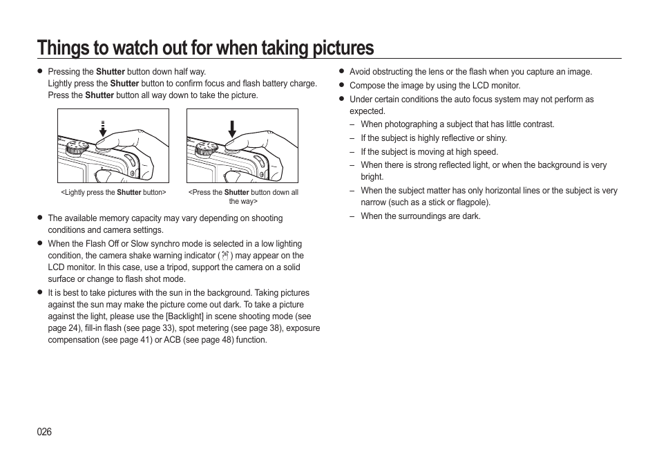 Things to watch out for when taking pictures | Samsung EC-SL310BBA-US User Manual | Page 27 / 108