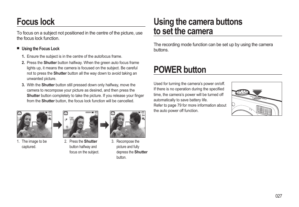 Using the camera buttons to set the camera, Power button, Focus lock | Samsung EC-SL310BBA-US User Manual | Page 28 / 108